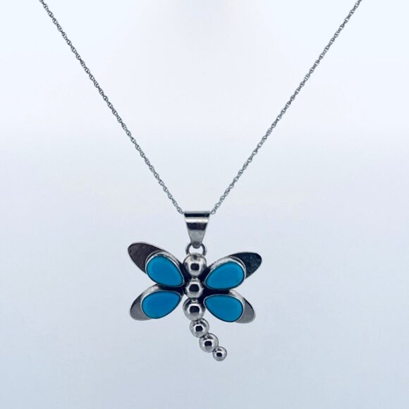 Sterling Silver 925 Turquoise Dragonfly Pendant Necklace 18" Spring Ring 7.68g - Picture 1 of 10